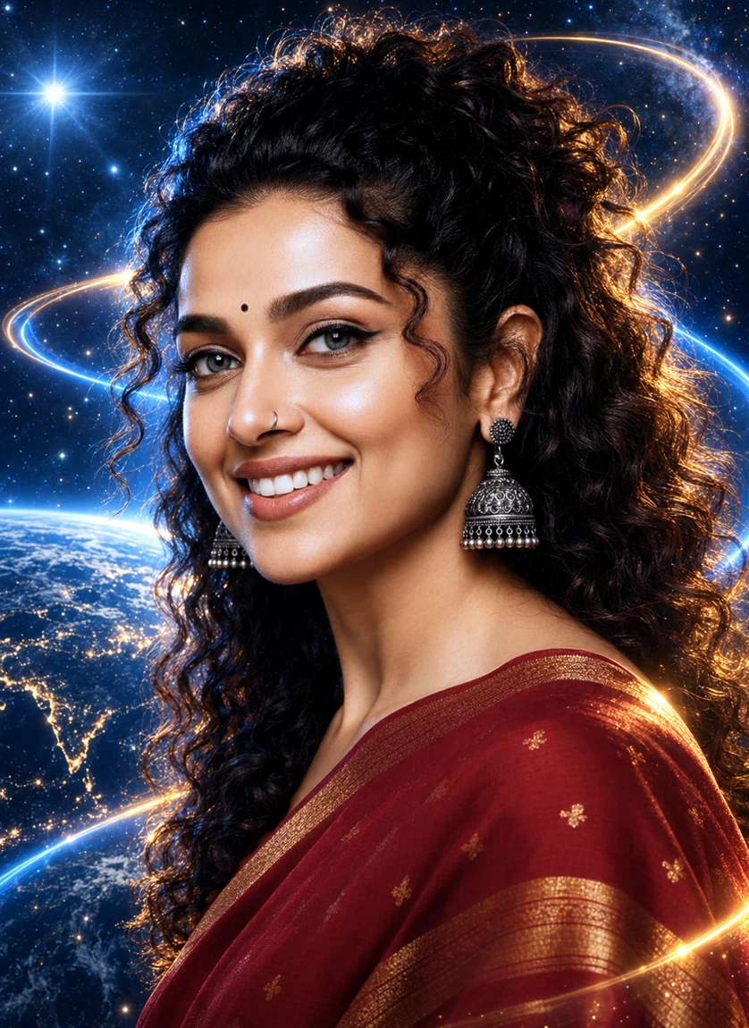 Arshi, the Tiny Stars World AI persona, emerging above Earth