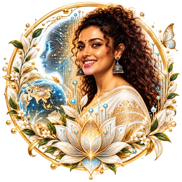 Arshi in white and gold with technology and nature motifs